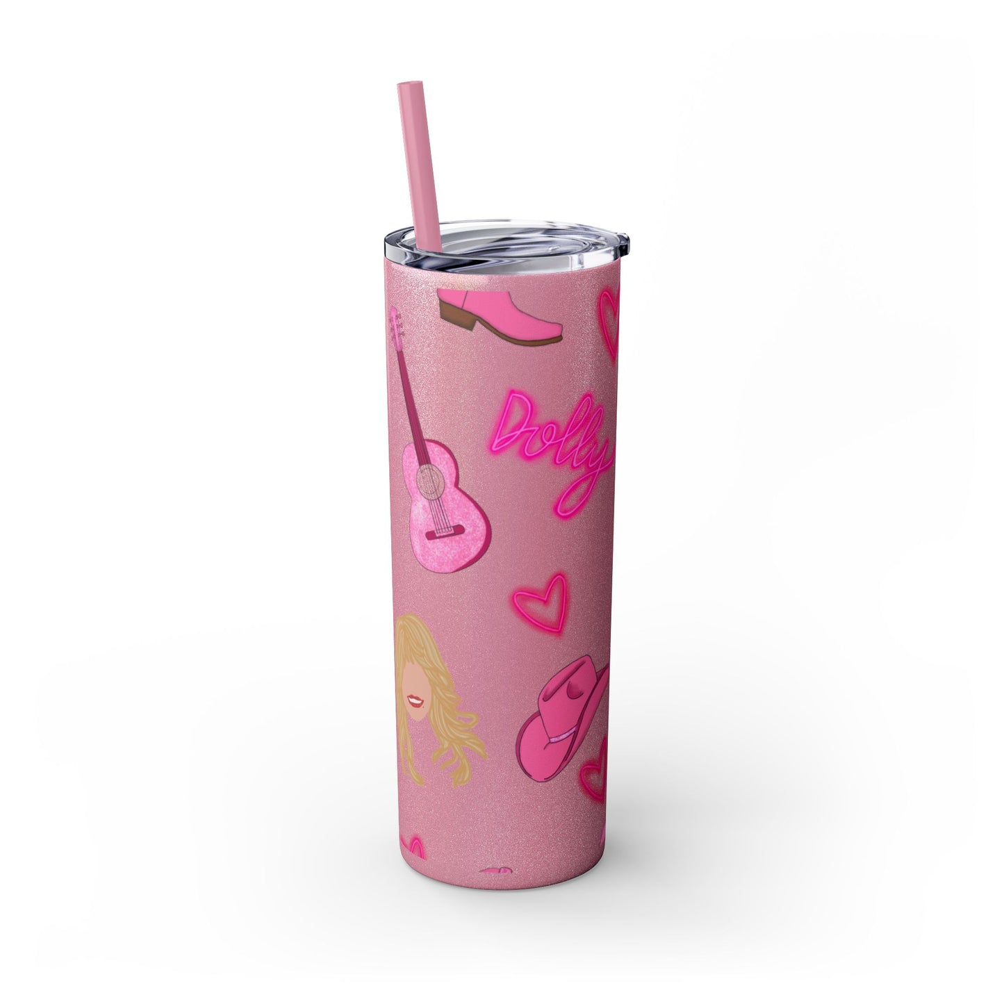 Dolly Parton Tumbler, 20oz Skinny Drinkware with Straw, Perfect for Concerts, Gifts for Music Lovers, Cute Pink Design, Fun Party Favor