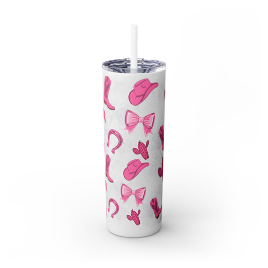 Fun Pink Cowgirl Skinny Tumbler - 20oz, Western Style Drinkware, Cactus and Bow Design, Perfect for Gifts, Summer Parties, or Rodeos