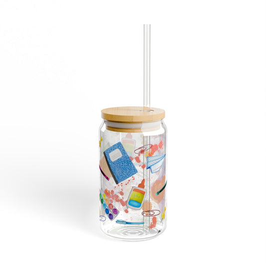 School Supplies Sipper Glass | Cute Drinkware for Teachers, Students, and Artists | Perfect for Back to School and Gifts