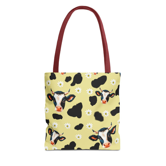 Cow Print Tote Bag, Cute Animal Lover Gift, Floral Cow AOP Bag, Cow-Themed Market Tote, Farmhouse Style Eco-Friendly Bag