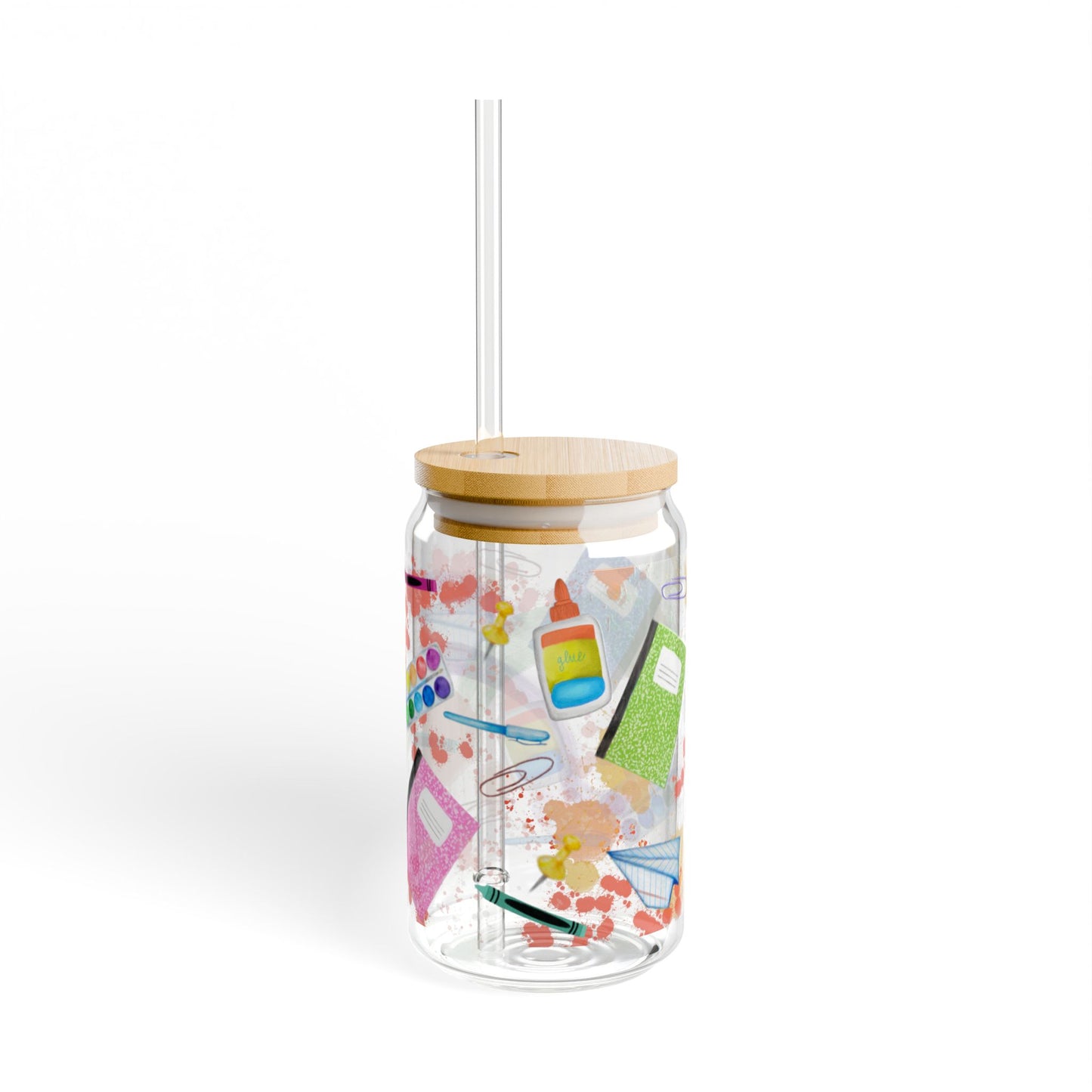 School Supplies Sipper Glass | Cute Drinkware for Teachers, Students, and Artists | Perfect for Back to School and Gifts