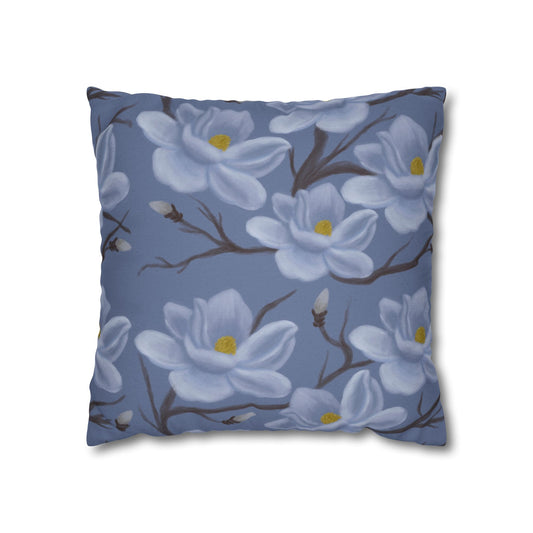 Floral Magnolia Pillowcase — Blue Botanical Decorative Throw Pillow