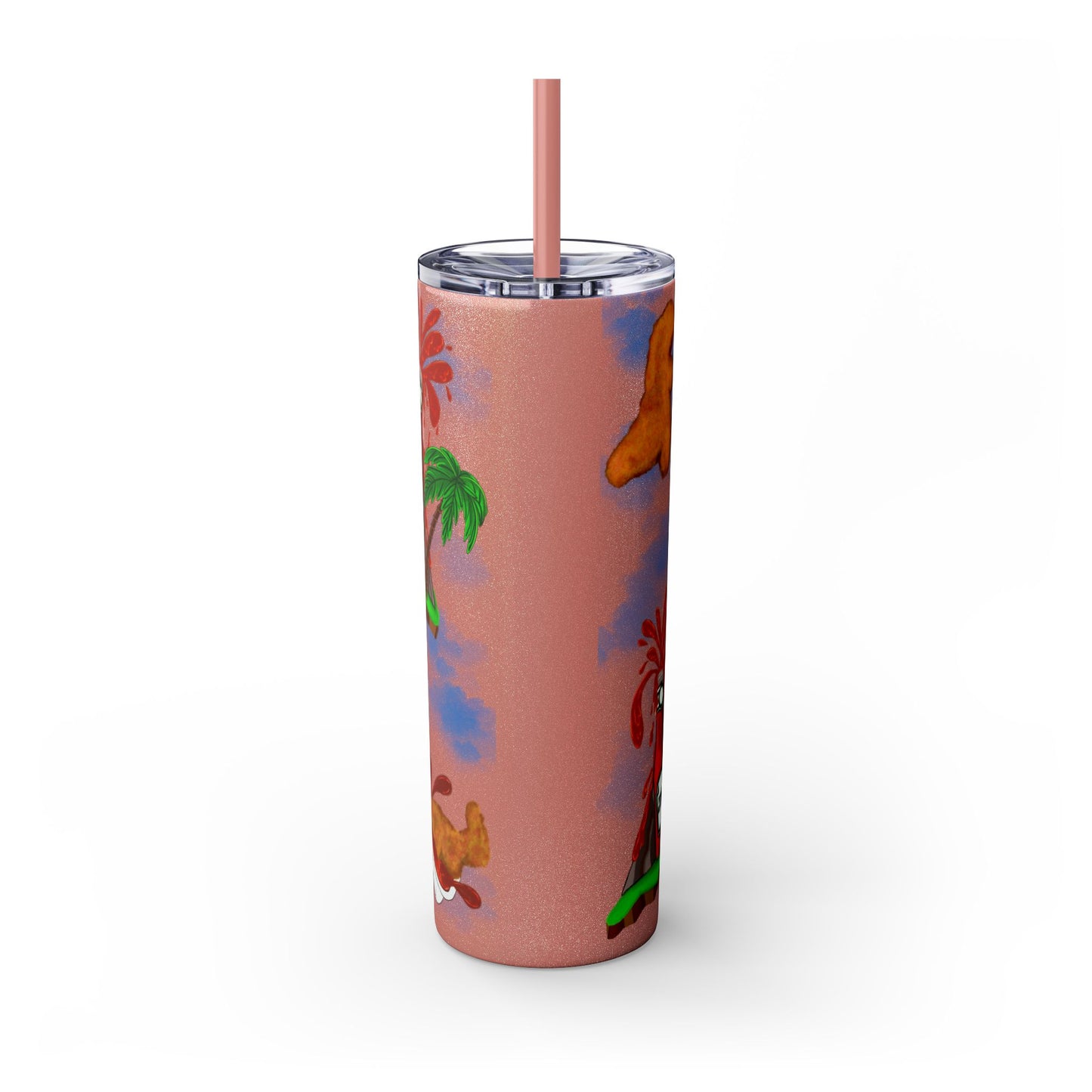 Dino Nuggets Tropical Themed Skinny Tumbler with Straw, 20oz | Fun Vacation Drinkware, Summer, Hawaiian Party, Gift for Beach Lovers
