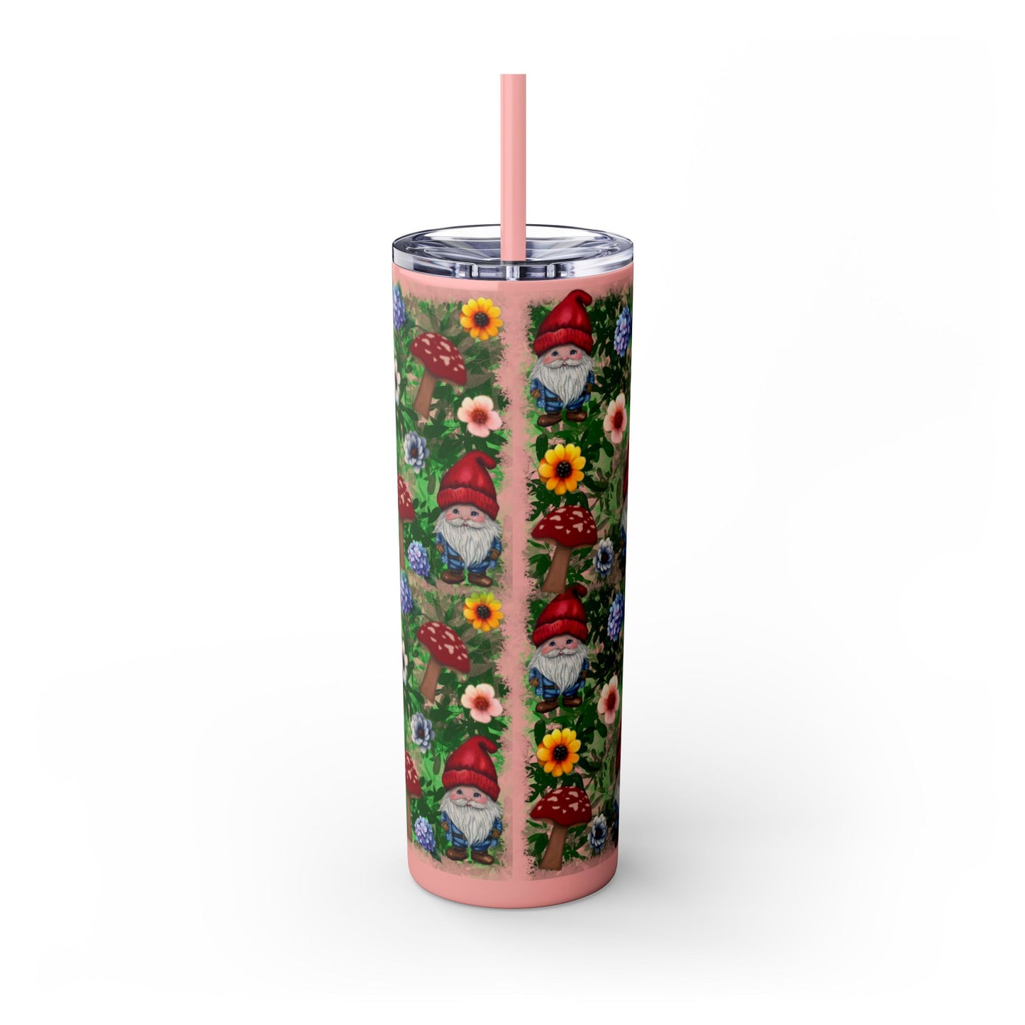 Whimsical Gnome Skinny Tumbler with Straw, Perfect for Garden Lovers, Cute Gift for Birthdays, Summer Drinks, Floral Design