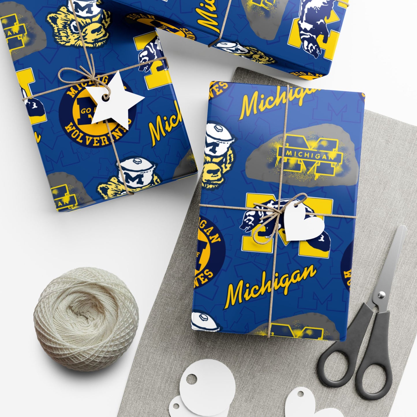Michigan Wolverines Gift Wrap Paper – Blue & Maize Collegiate Pattern (Text: "Michigan")