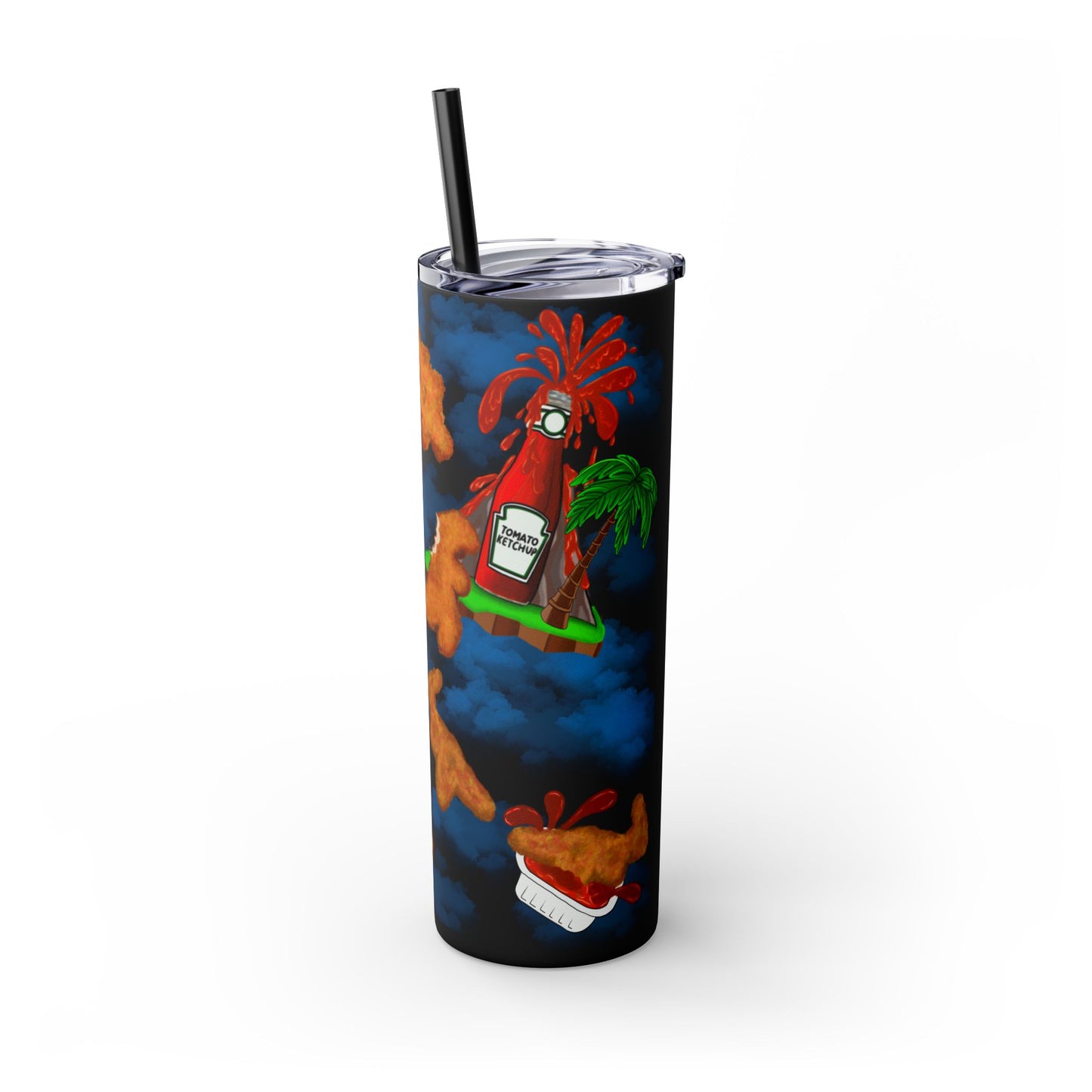 Dino Nuggets Tropical Themed Skinny Tumbler with Straw, 20oz | Fun Vacation Drinkware, Summer, Hawaiian Party, Gift for Beach Lovers
