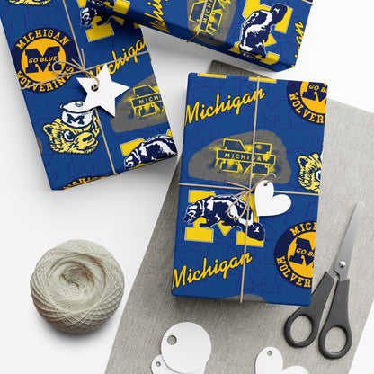 Michigan Wolverines Gift Wrap Paper – Blue & Maize Collegiate Pattern (Text: "Michigan")