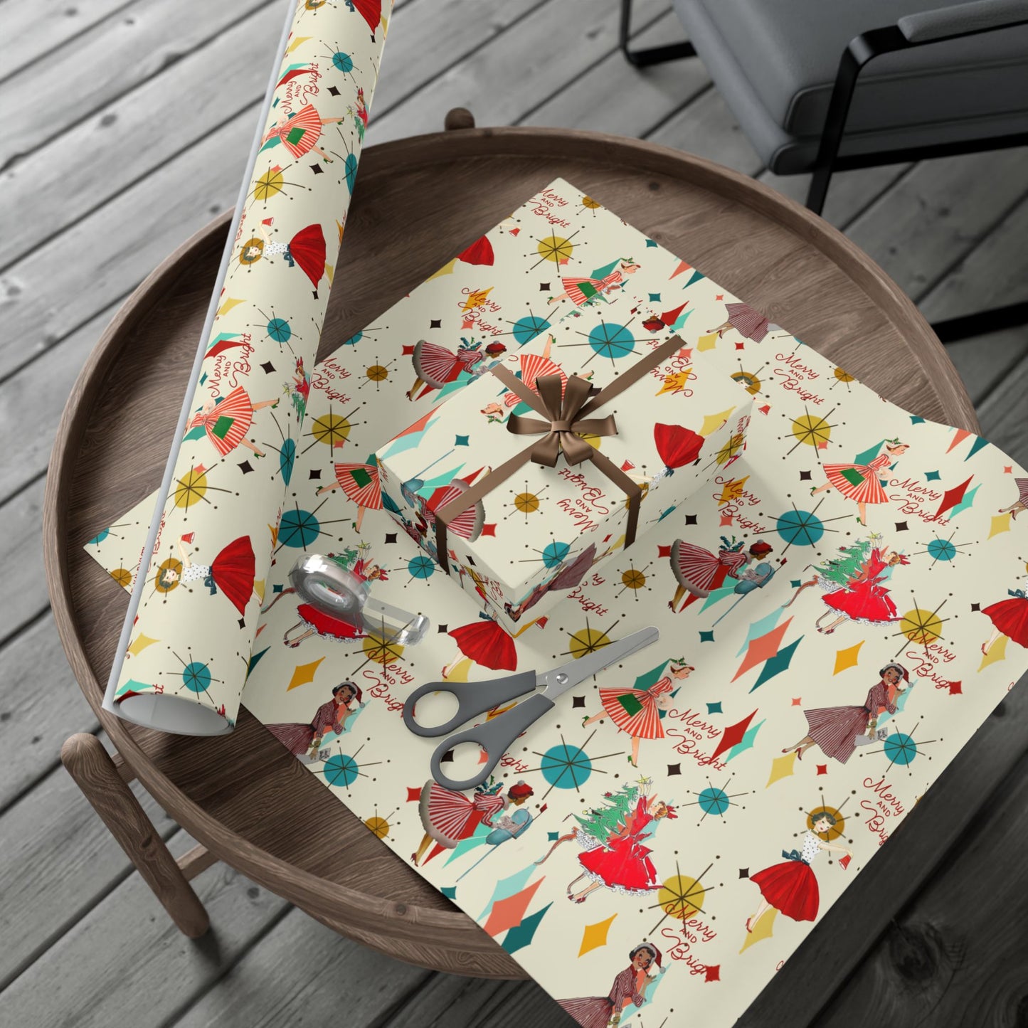 Mid-Century Holiday Gift Wrap Paper – Retro Christmas Dancers & “Merry and Bright” Pattern