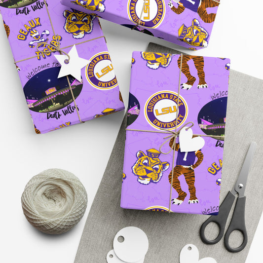 LSU Tigers Patterned Gift Wrap Paper — Purple College Mascot Wrapping Sheets