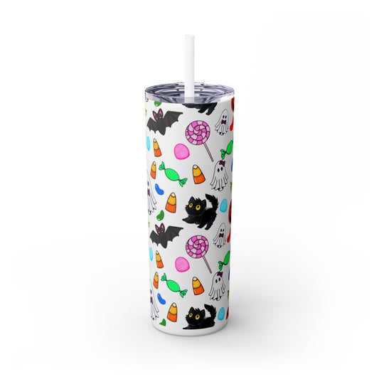 Cute Halloween Skinny Tumbler, 20oz Cat and Ghost Design, Spooky Drinkware, Trick-or-Treat Cup, Party Accessory, Fall Decor