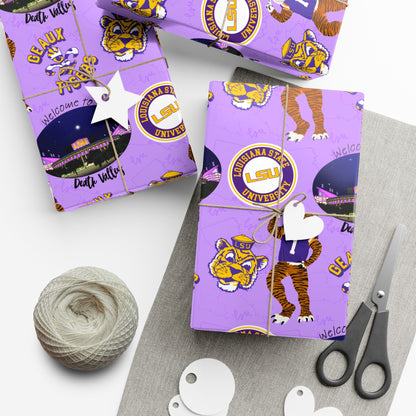 LSU Tigers Patterned Gift Wrap Paper — Purple College Mascot Wrapping Sheets