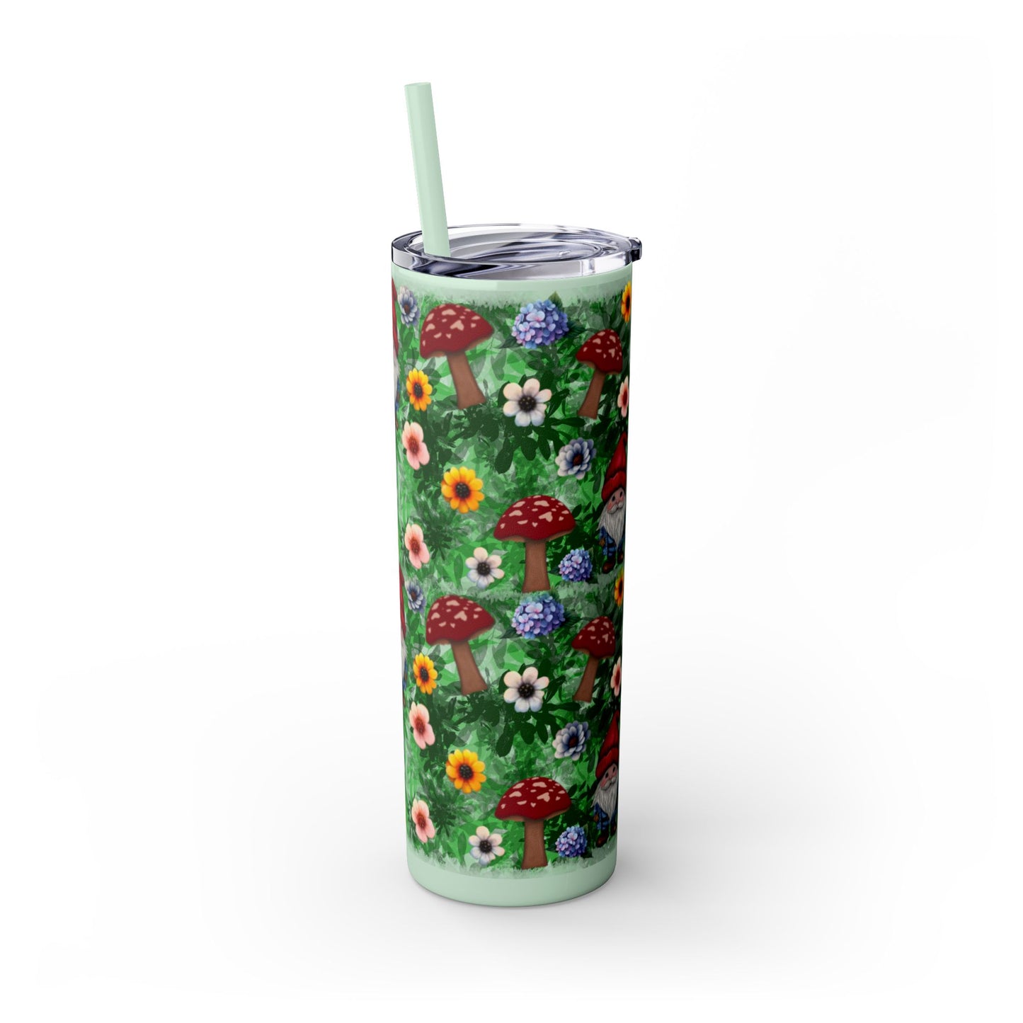 Whimsical Gnome Skinny Tumbler with Straw, Perfect for Garden Lovers, Cute Gift for Birthdays, Summer Drinks, Floral Design