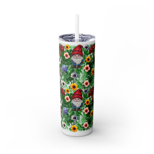 Whimsical Gnome Skinny Tumbler with Straw, Perfect for Garden Lovers, Cute Gift for Birthdays, Summer Drinks, Floral Design