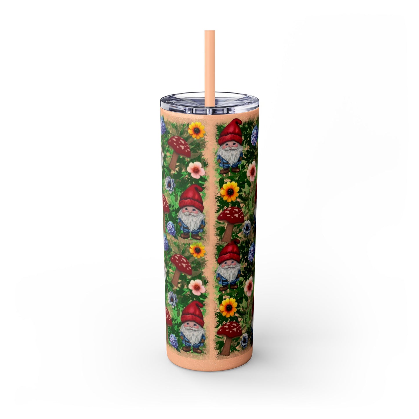 Whimsical Gnome Skinny Tumbler with Straw, Perfect for Garden Lovers, Cute Gift for Birthdays, Summer Drinks, Floral Design