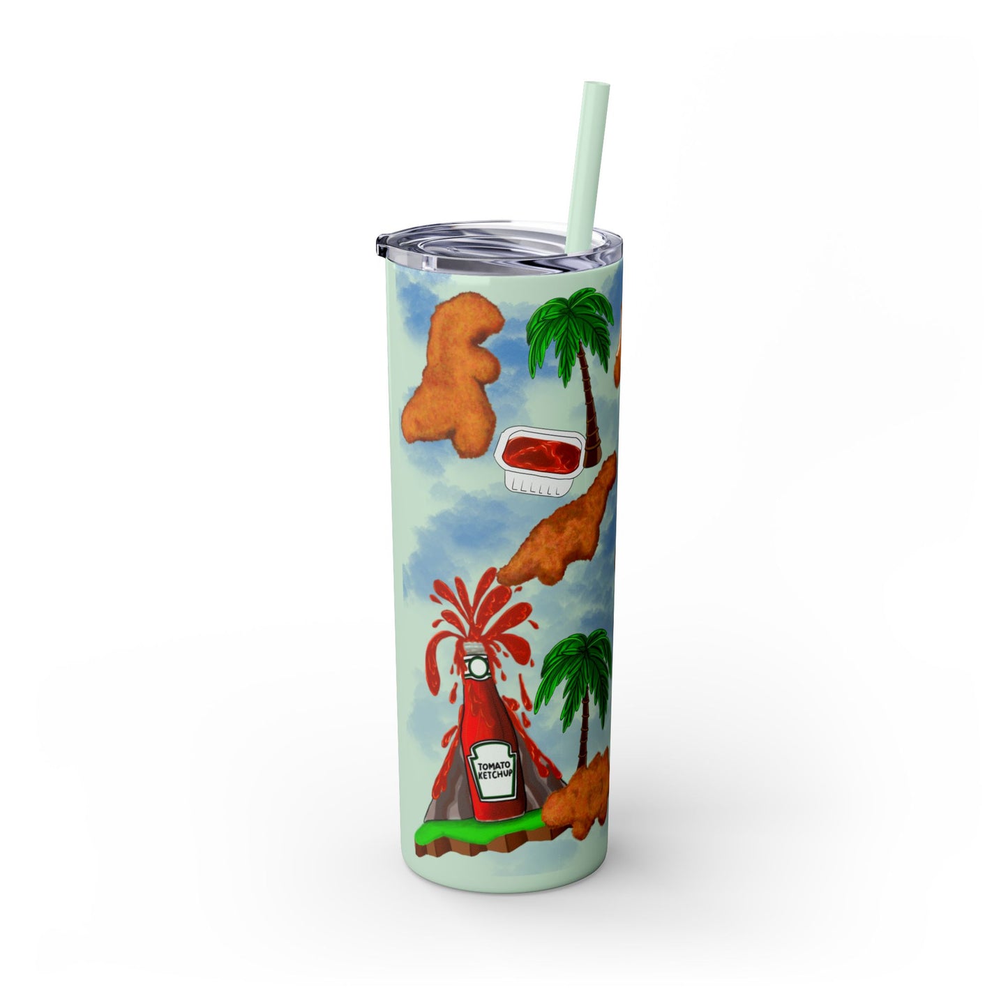 Dino Nuggets Tropical Themed Skinny Tumbler with Straw, 20oz | Fun Vacation Drinkware, Summer, Hawaiian Party, Gift for Beach Lovers