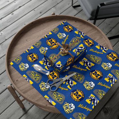 Michigan Wolverines Gift Wrap Paper – Blue & Maize Collegiate Pattern (Text: "Michigan")