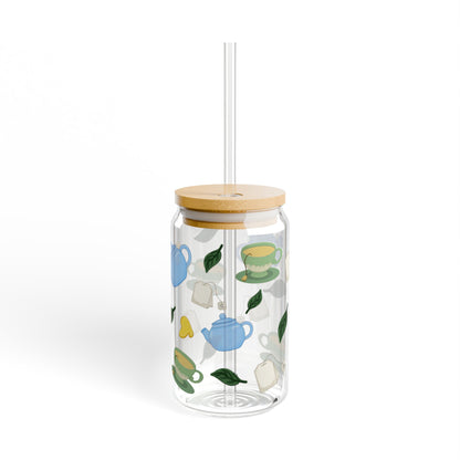 Tea Time 16oz Sipper Glass, Clear Glass Drinkware, Tea Party Essentials, Eco-Friendly Straw Cup, Perfect for Gifts & Home Decor
