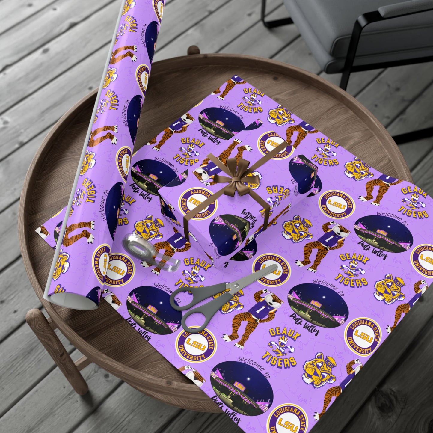 LSU Tigers Patterned Gift Wrap Paper — Purple College Mascot Wrapping Sheets
