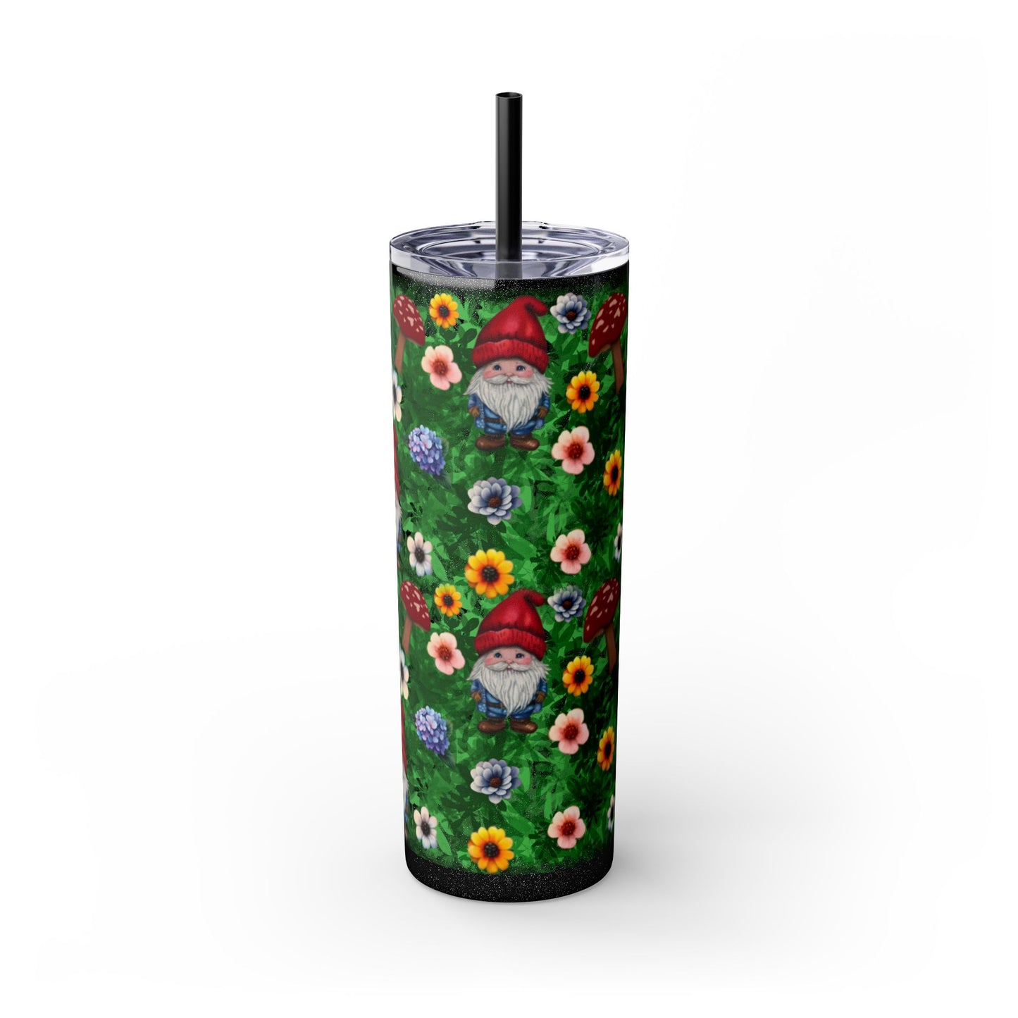 Whimsical Gnome Skinny Tumbler with Straw, Perfect for Garden Lovers, Cute Gift for Birthdays, Summer Drinks, Floral Design