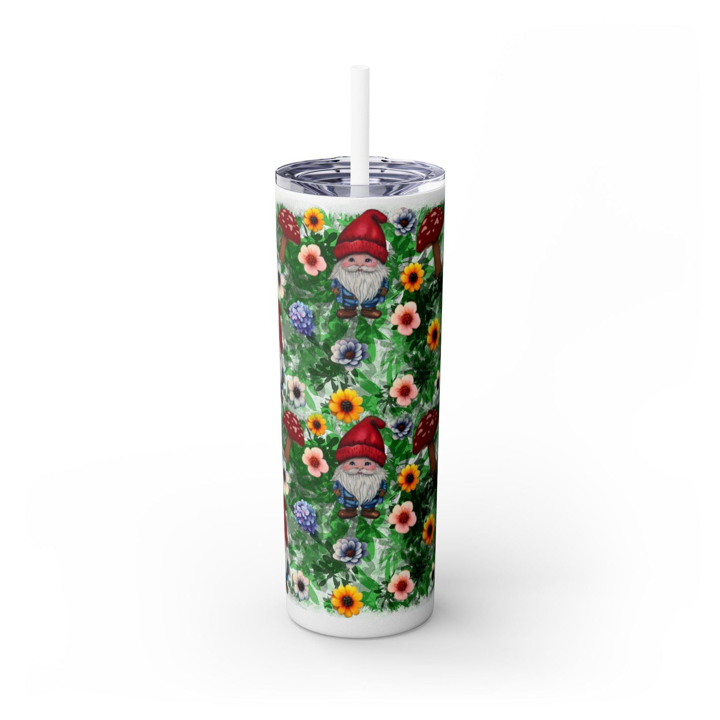 Whimsical Gnome Skinny Tumbler with Straw, Perfect for Garden Lovers, Cute Gift for Birthdays, Summer Drinks, Floral Design