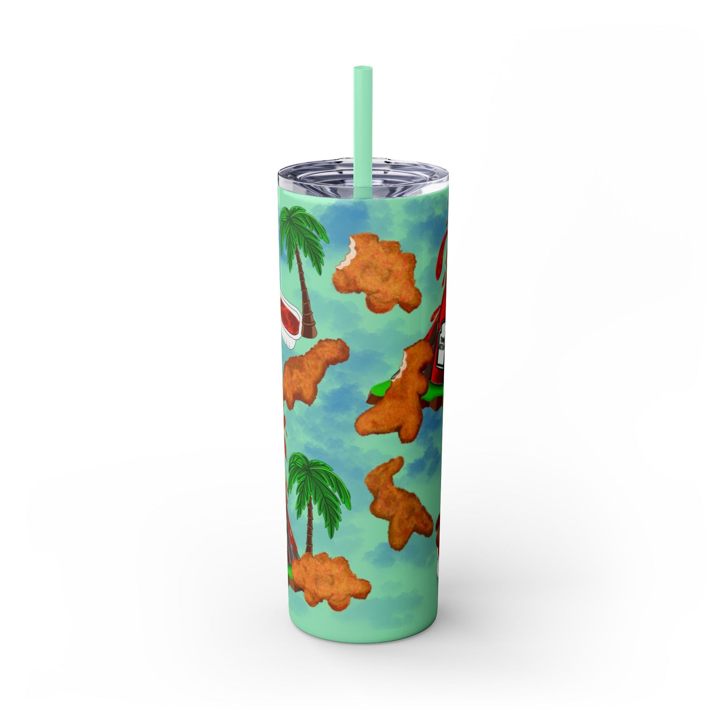 Dino Nuggets Tropical Themed Skinny Tumbler with Straw, 20oz | Fun Vacation Drinkware, Summer, Hawaiian Party, Gift for Beach Lovers
