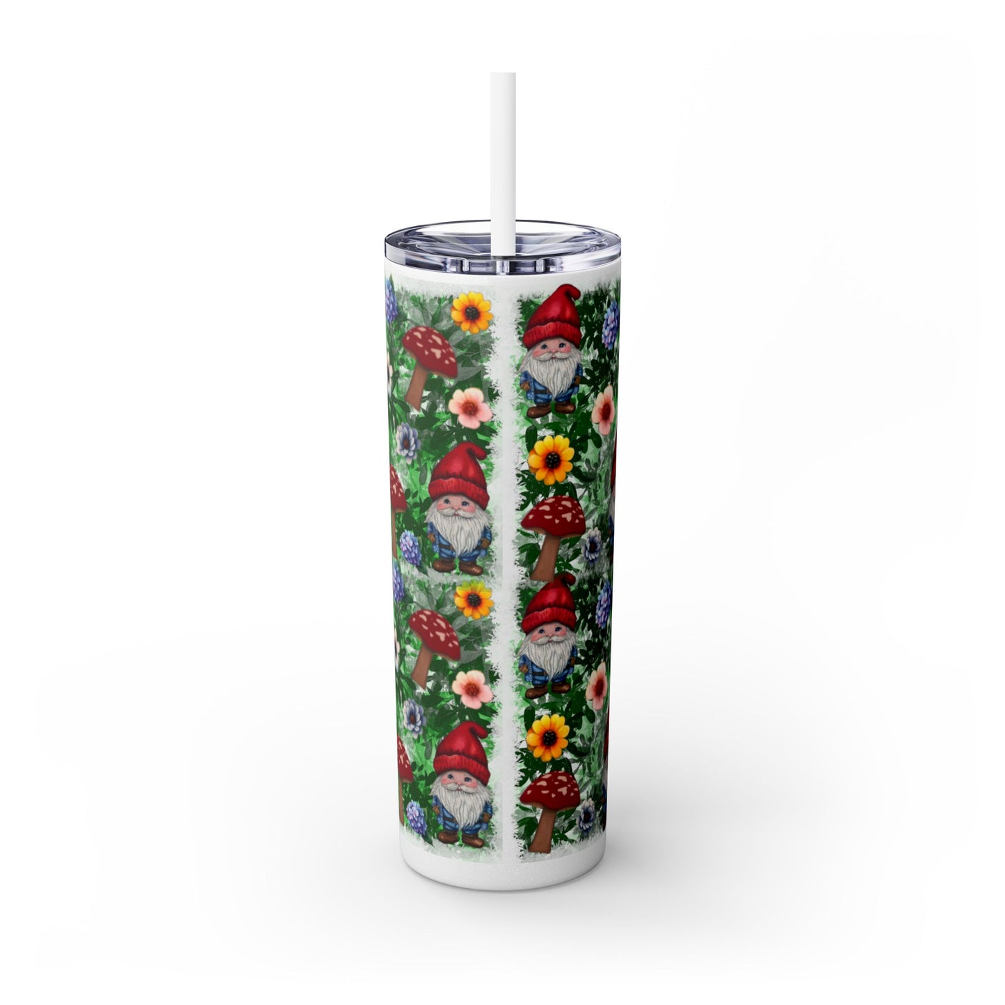 Whimsical Gnome Skinny Tumbler with Straw, Perfect for Garden Lovers, Cute Gift for Birthdays, Summer Drinks, Floral Design