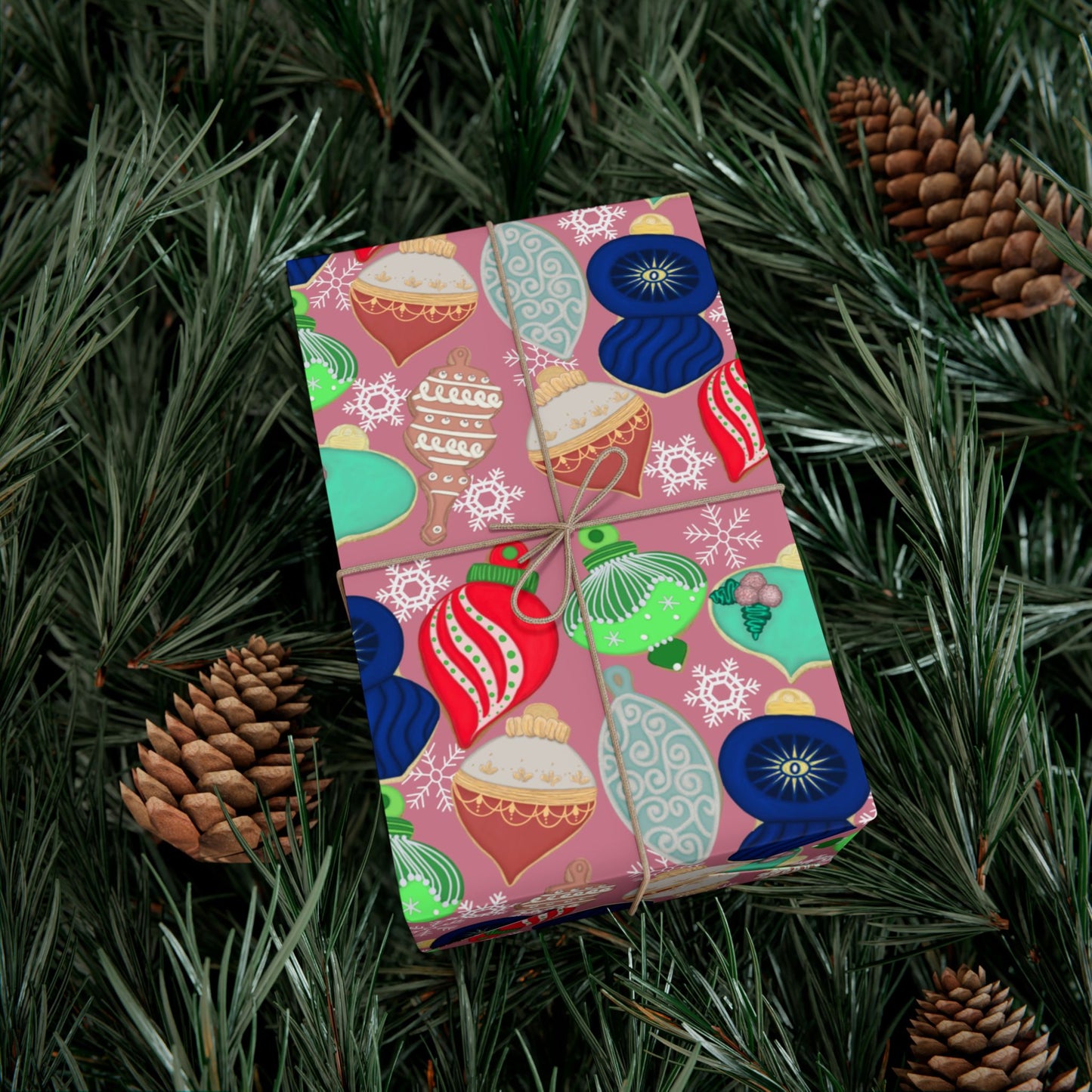 Cookie Holiday Ornament Gift Wrap Paper — Pink Retro Bauble Pattern
