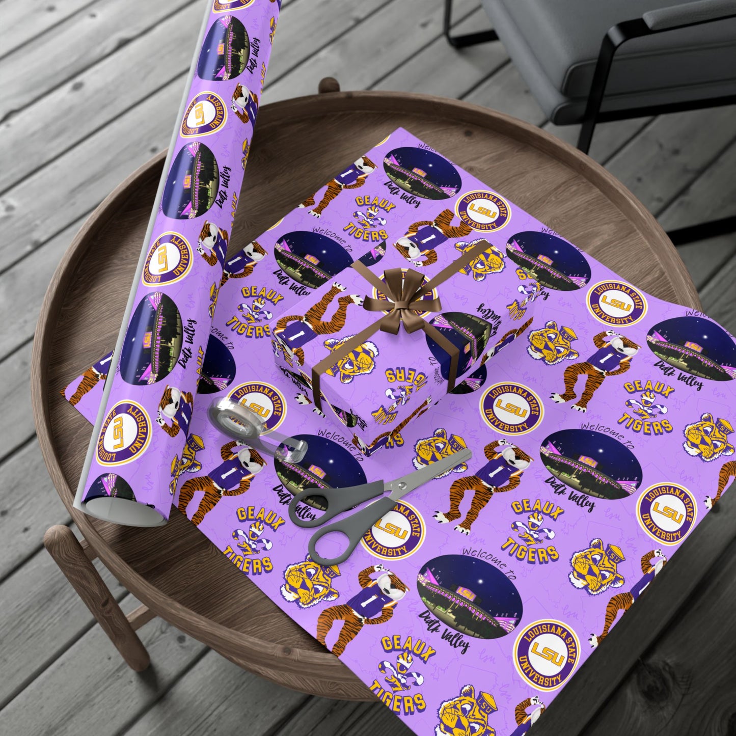 LSU Tigers Patterned Gift Wrap Paper — Purple College Mascot Wrapping Sheets