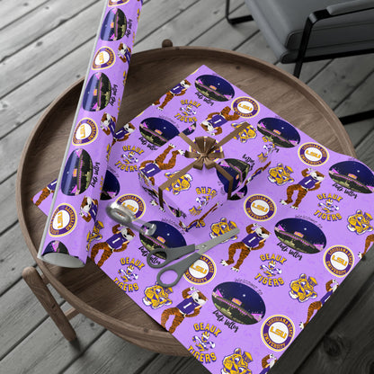 LSU Tigers Patterned Gift Wrap Paper — Purple College Mascot Wrapping Sheets