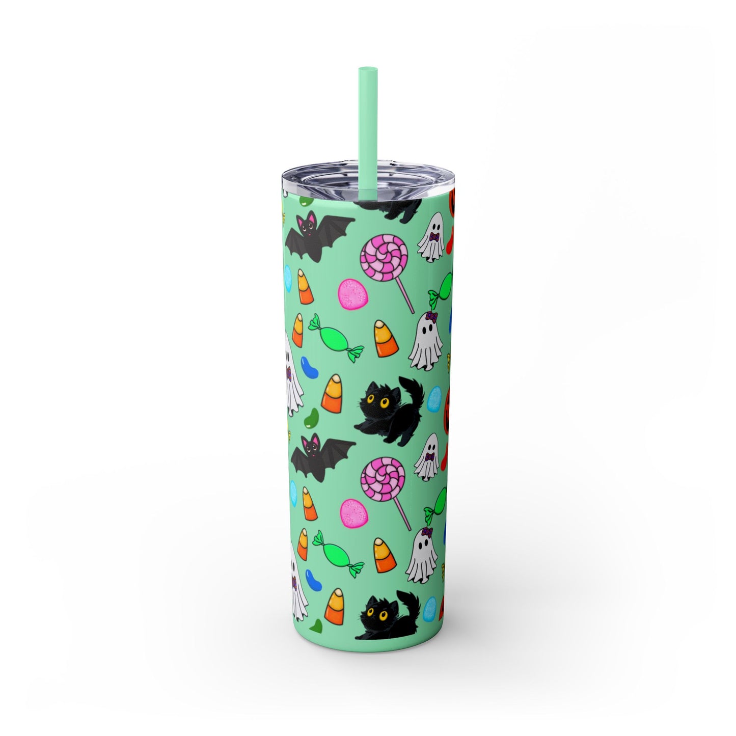 Cute Halloween Skinny Tumbler, 20oz Cat and Ghost Design, Spooky Drinkware, Trick-or-Treat Cup, Party Accessory, Fall Decor