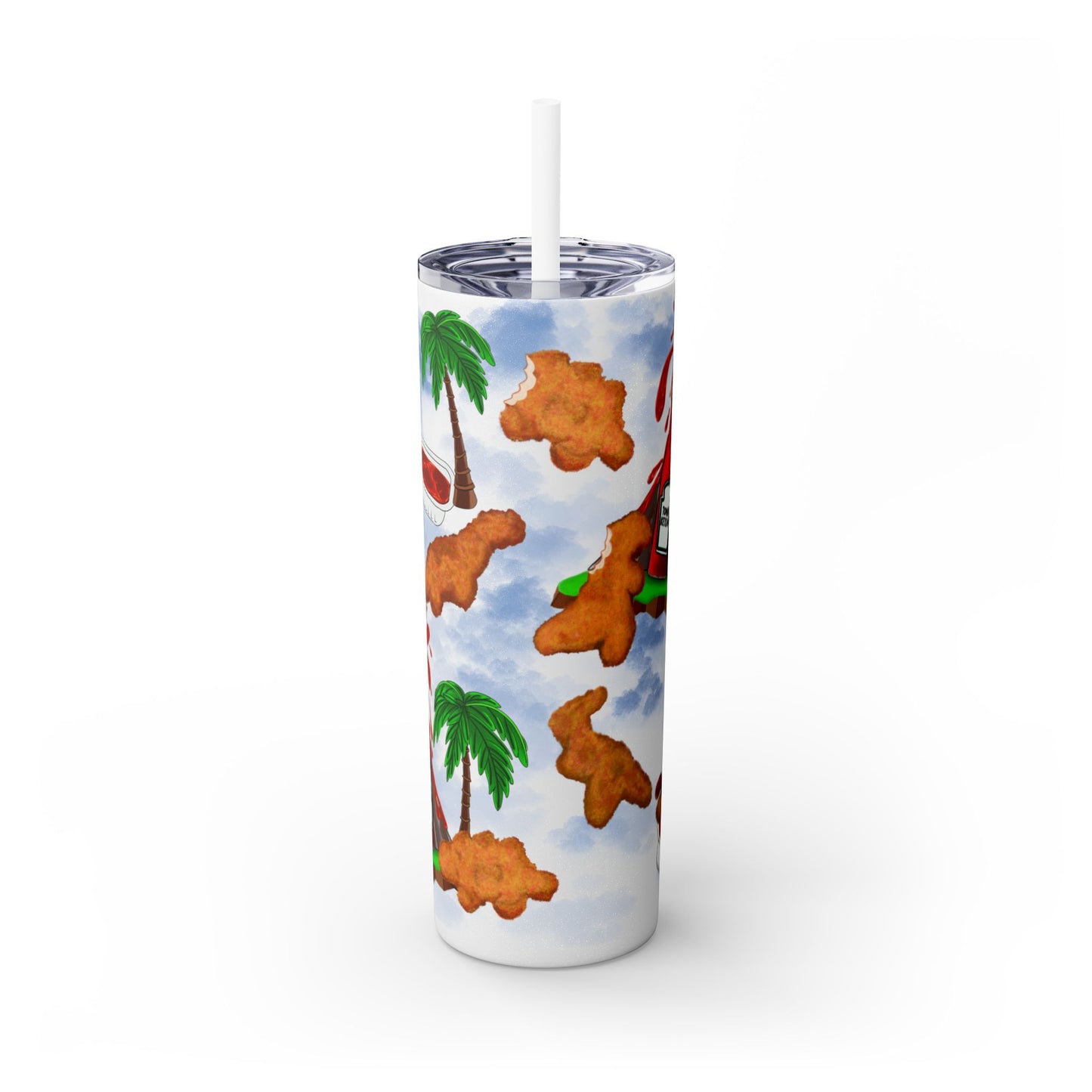 Dino Nuggets Tropical Themed Skinny Tumbler with Straw, 20oz | Fun Vacation Drinkware, Summer, Hawaiian Party, Gift for Beach Lovers
