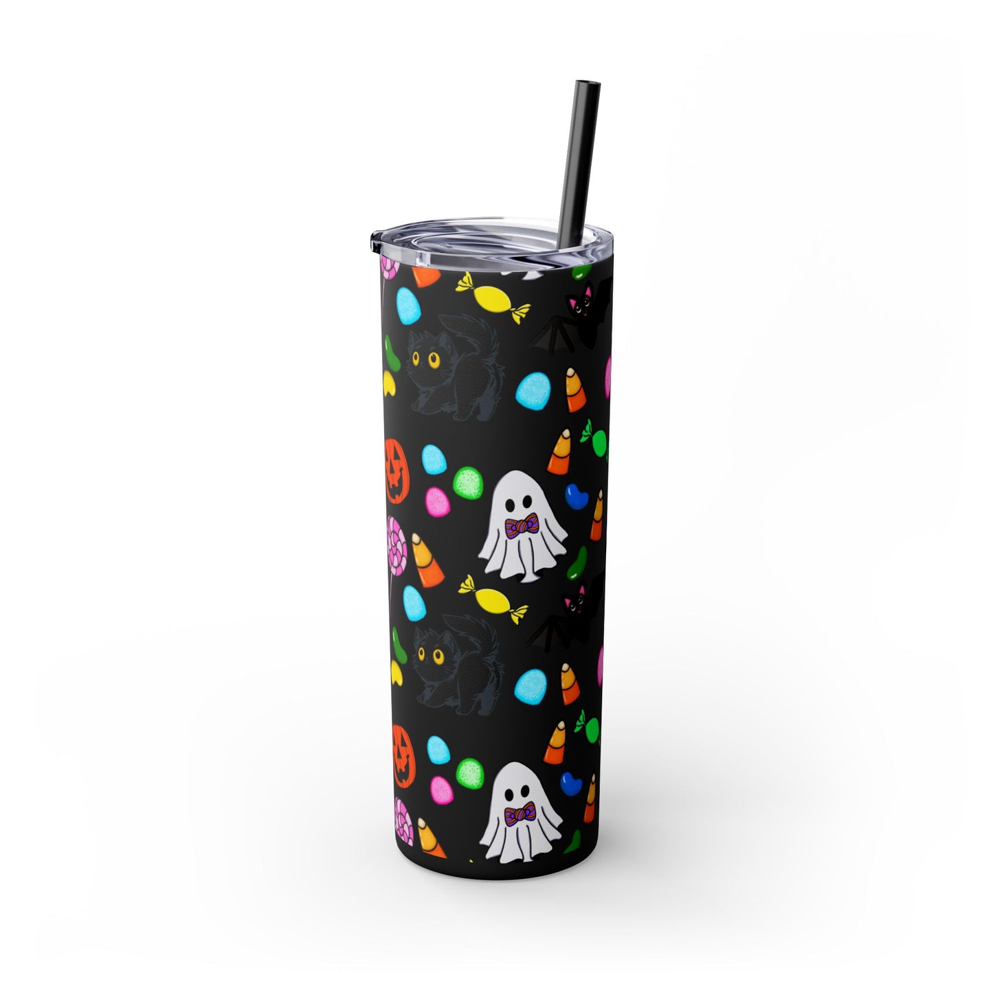 Cute Halloween Skinny Tumbler, 20oz Cat and Ghost Design, Spooky Drinkware, Trick-or-Treat Cup, Party Accessory, Fall Decor