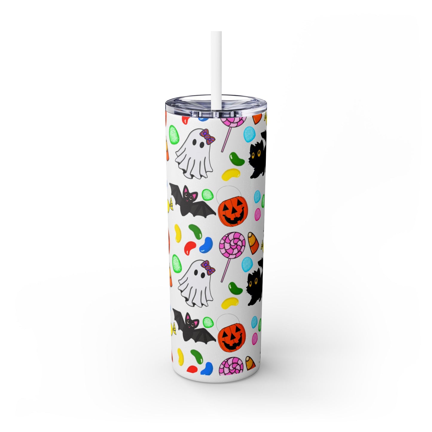 Cute Halloween Skinny Tumbler, 20oz Cat and Ghost Design, Spooky Drinkware, Trick-or-Treat Cup, Party Accessory, Fall Decor