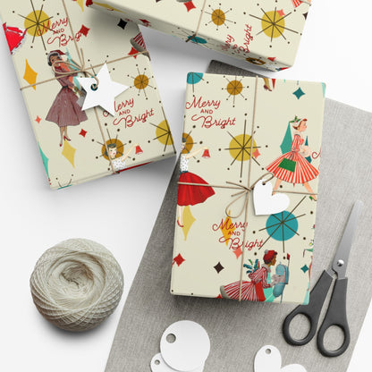Mid-Century Holiday Gift Wrap Paper – Retro Christmas Dancers & “Merry and Bright” Pattern