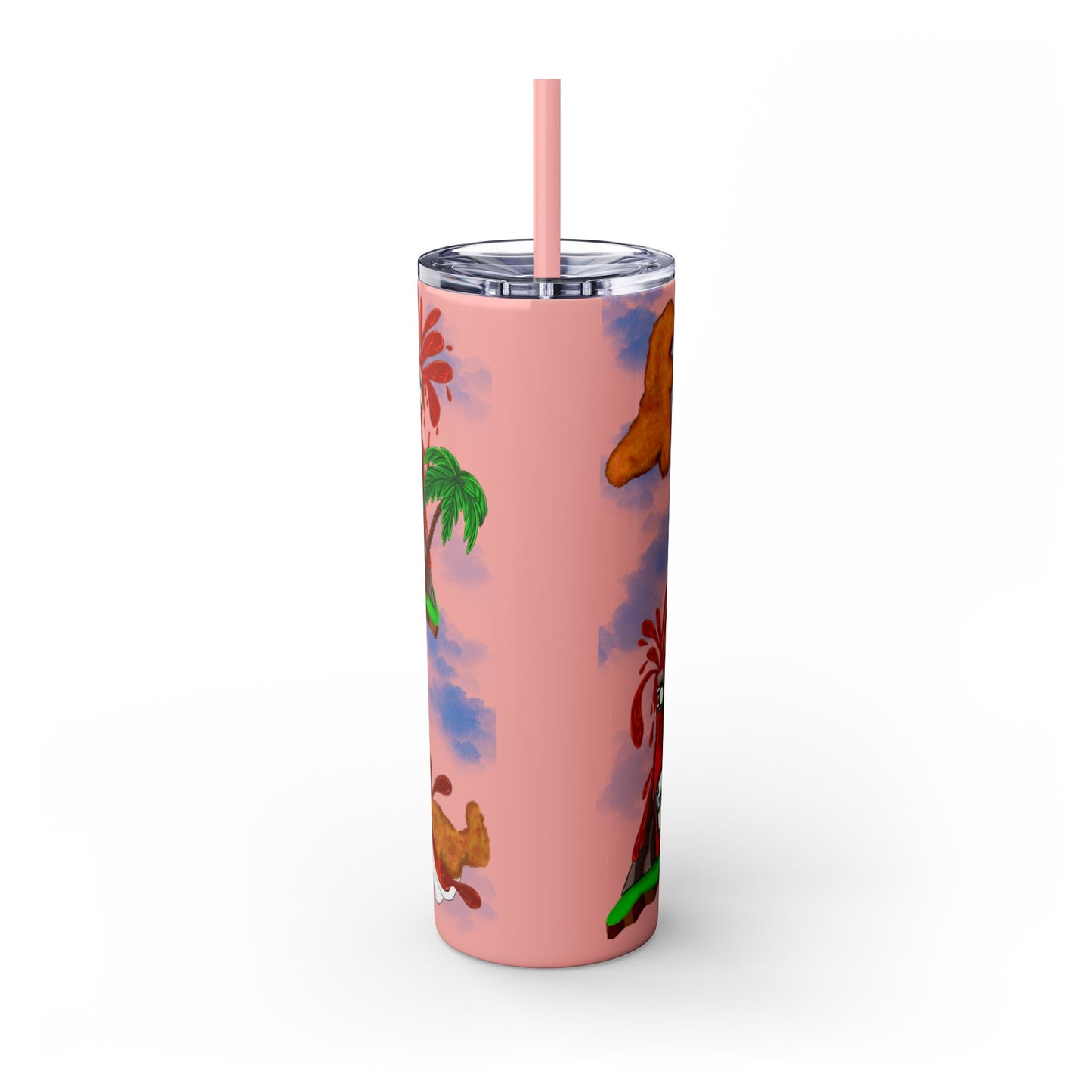 Dino Nuggets Tropical Themed Skinny Tumbler with Straw, 20oz | Fun Vacation Drinkware, Summer, Hawaiian Party, Gift for Beach Lovers