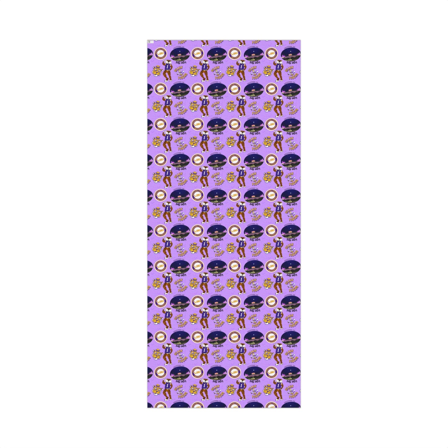 LSU Tigers Patterned Gift Wrap Paper — Purple College Mascot Wrapping Sheets