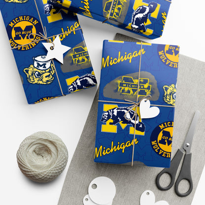 Michigan Wolverines Gift Wrap Paper – Blue & Maize Collegiate Pattern (Text: "Michigan")