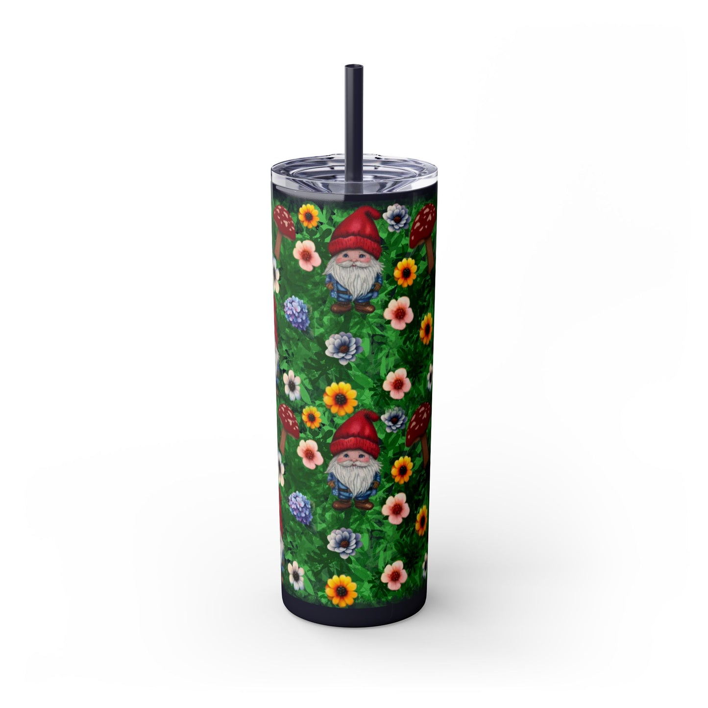 Whimsical Gnome Skinny Tumbler with Straw, Perfect for Garden Lovers, Cute Gift for Birthdays, Summer Drinks, Floral Design