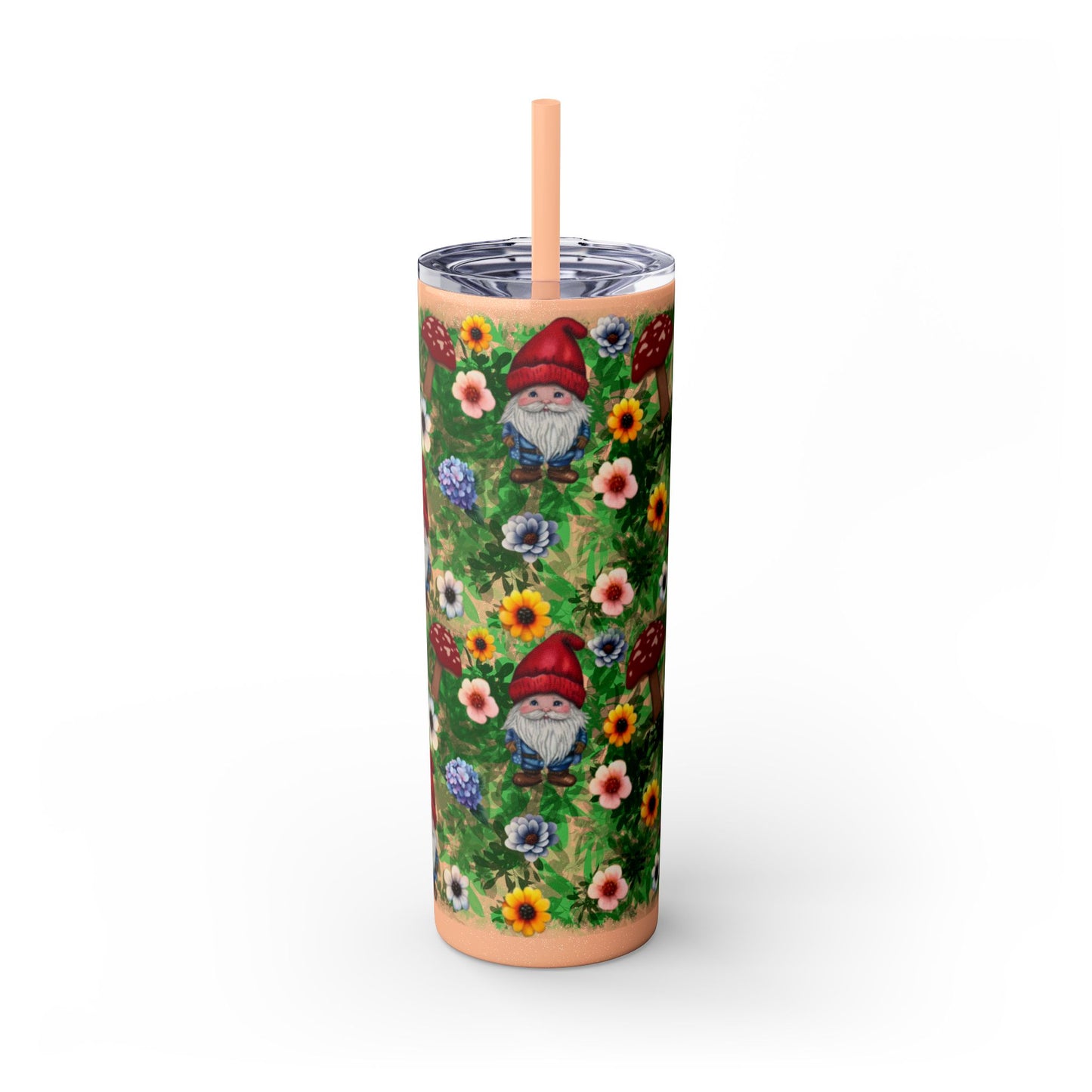 Whimsical Gnome Skinny Tumbler with Straw, Perfect for Garden Lovers, Cute Gift for Birthdays, Summer Drinks, Floral Design