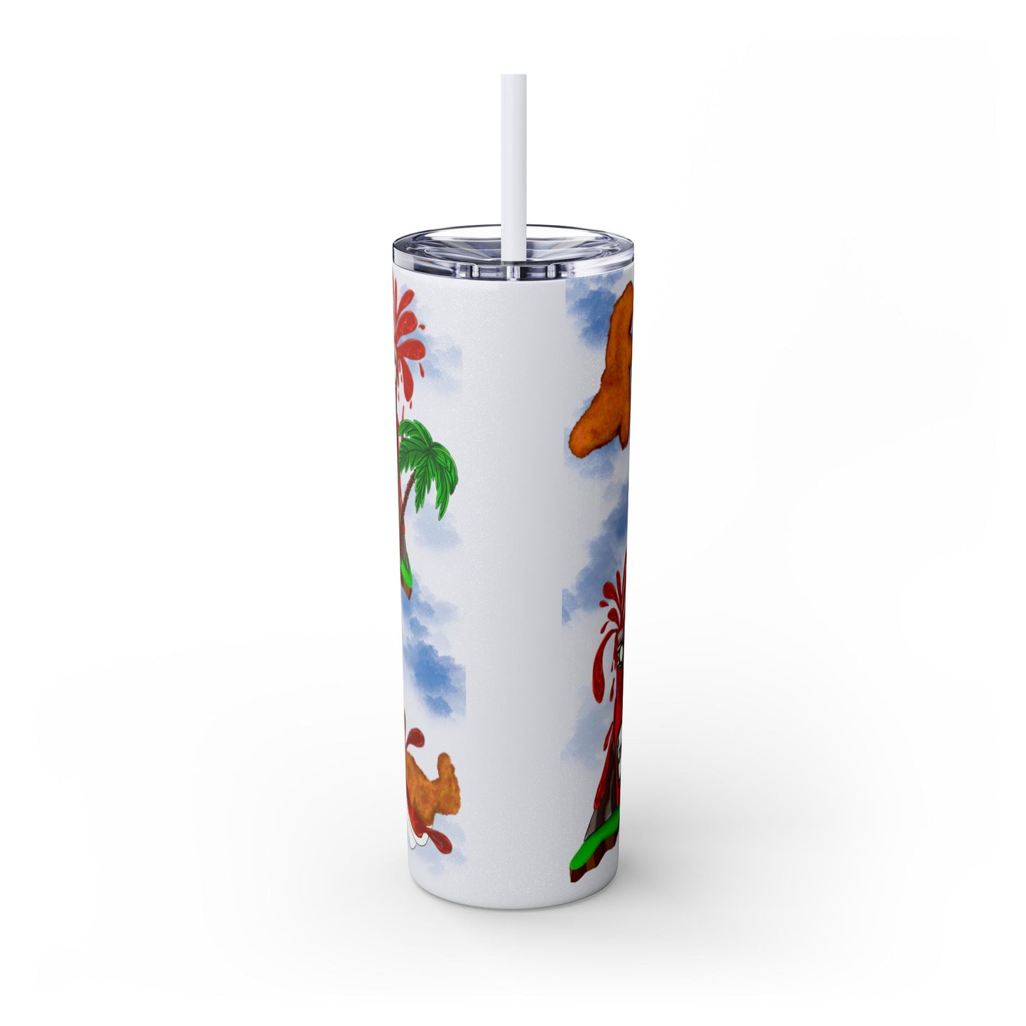 Dino Nuggets Tropical Themed Skinny Tumbler with Straw, 20oz | Fun Vacation Drinkware, Summer, Hawaiian Party, Gift for Beach Lovers