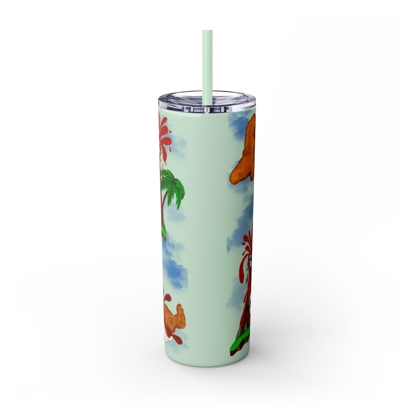 Dino Nuggets Tropical Themed Skinny Tumbler with Straw, 20oz | Fun Vacation Drinkware, Summer, Hawaiian Party, Gift for Beach Lovers