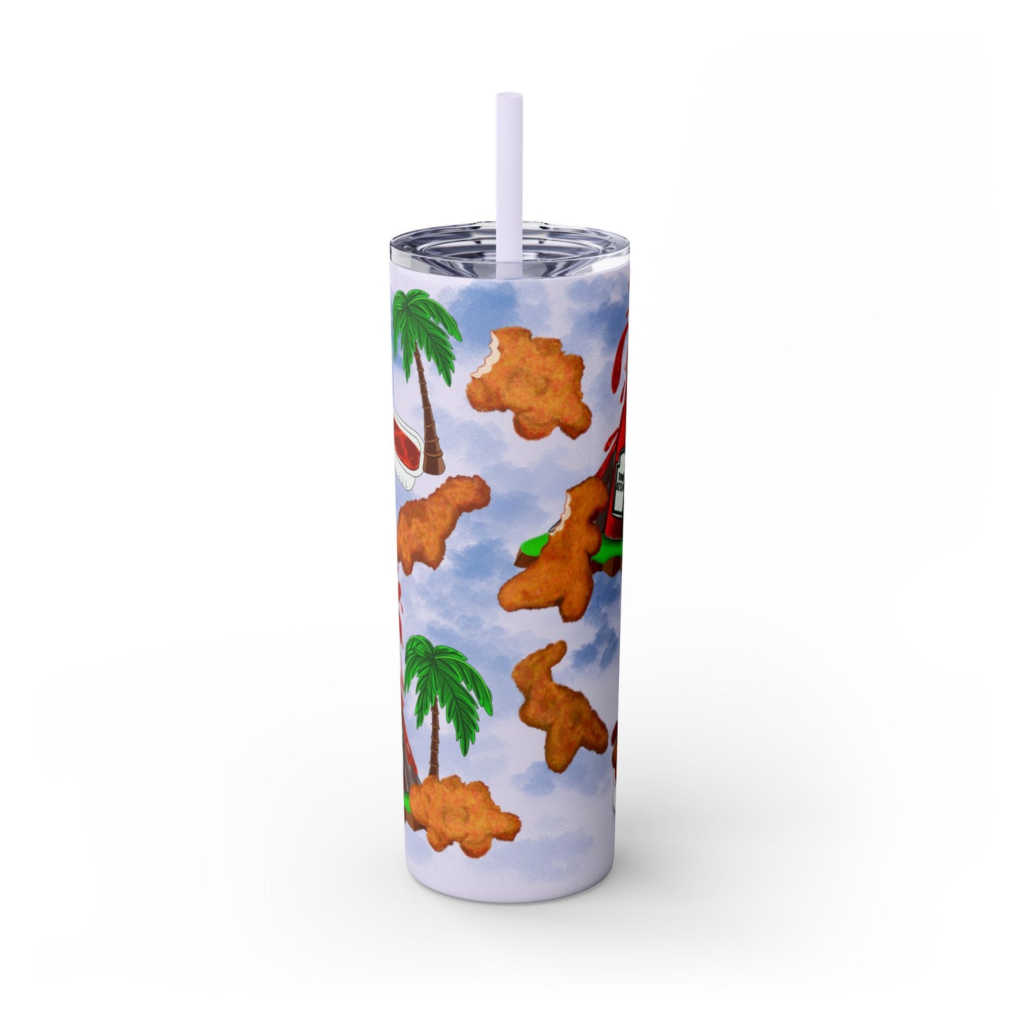 Dino Nuggets Tropical Themed Skinny Tumbler with Straw, 20oz | Fun Vacation Drinkware, Summer, Hawaiian Party, Gift for Beach Lovers
