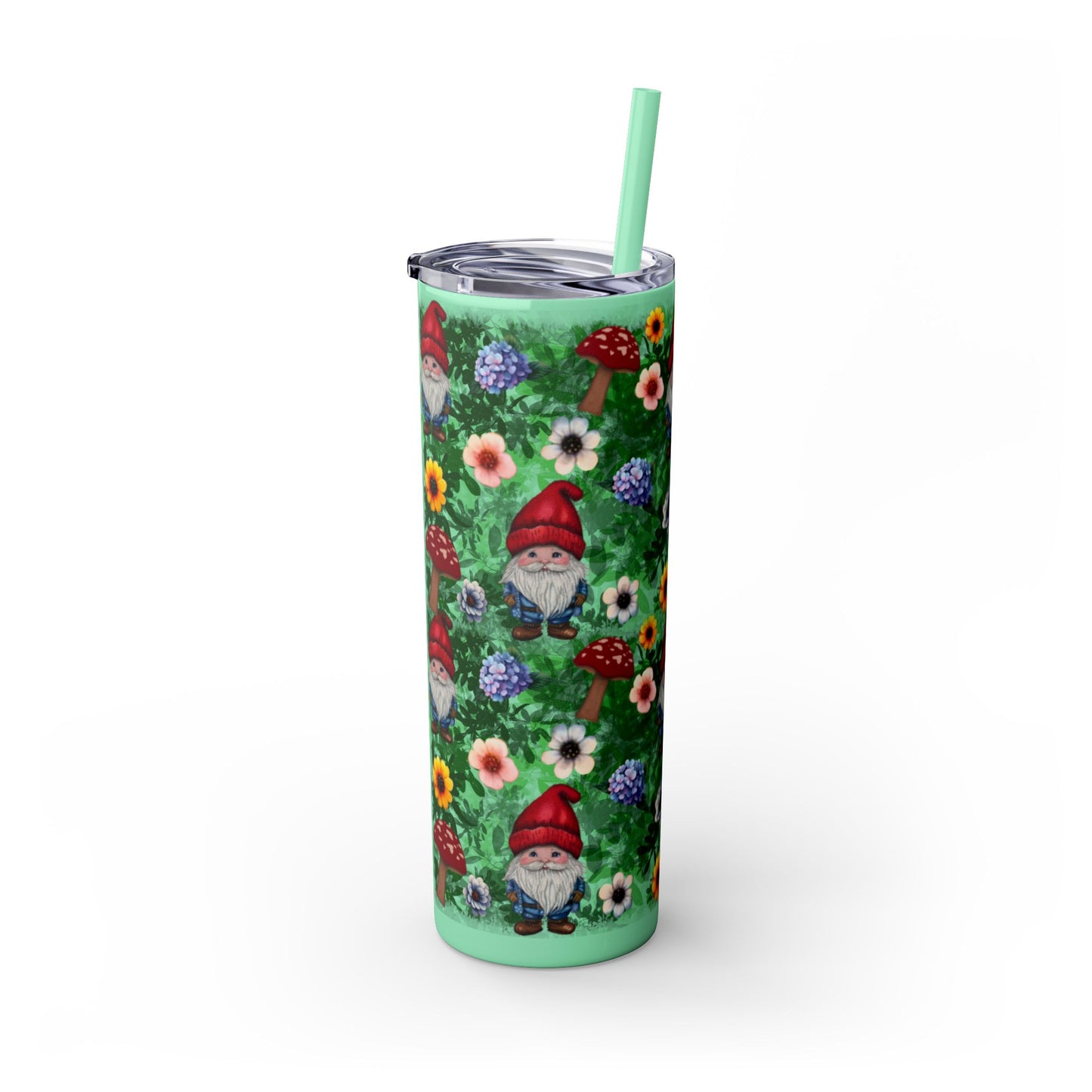 Whimsical Gnome Skinny Tumbler with Straw, Perfect for Garden Lovers, Cute Gift for Birthdays, Summer Drinks, Floral Design