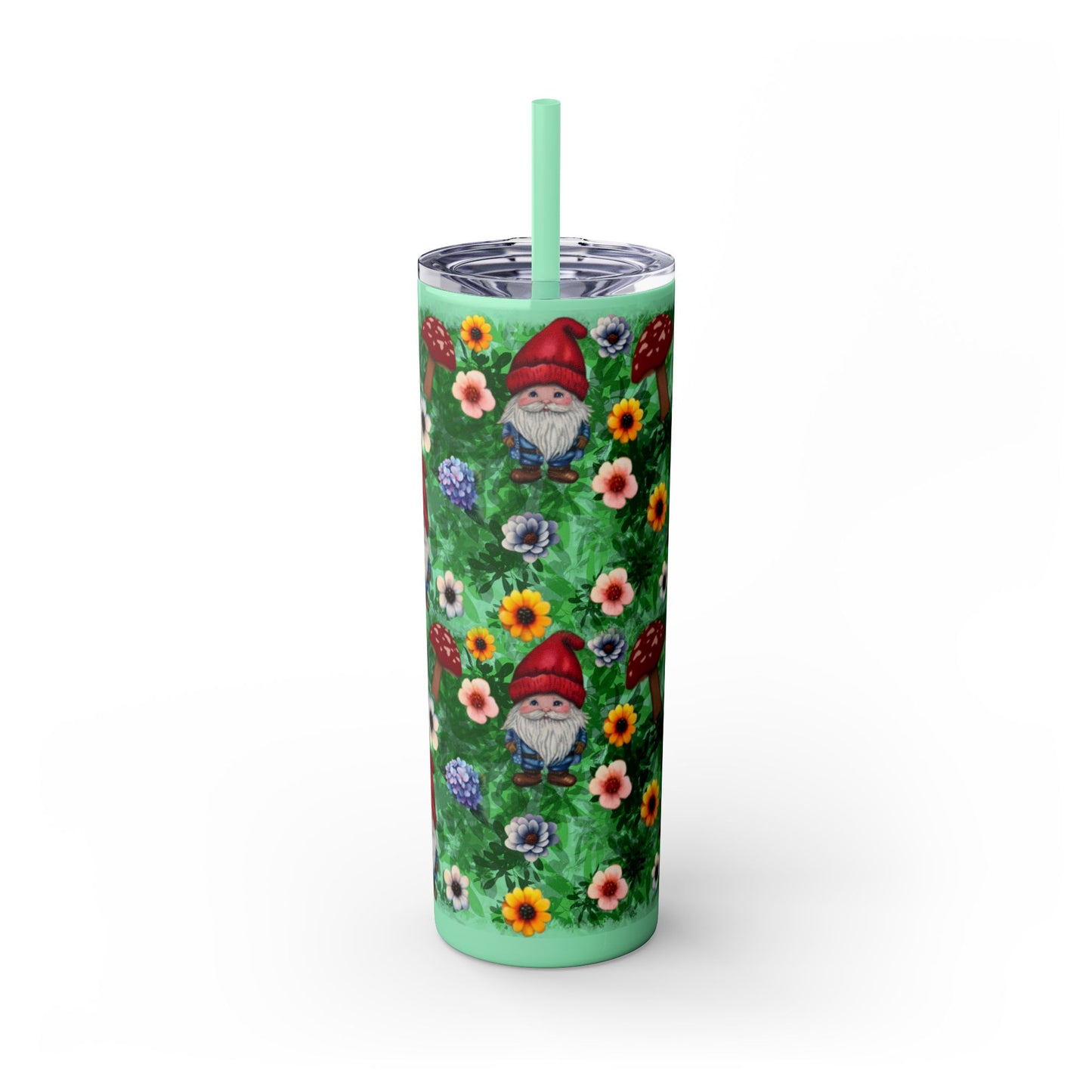 Whimsical Gnome Skinny Tumbler with Straw, Perfect for Garden Lovers, Cute Gift for Birthdays, Summer Drinks, Floral Design