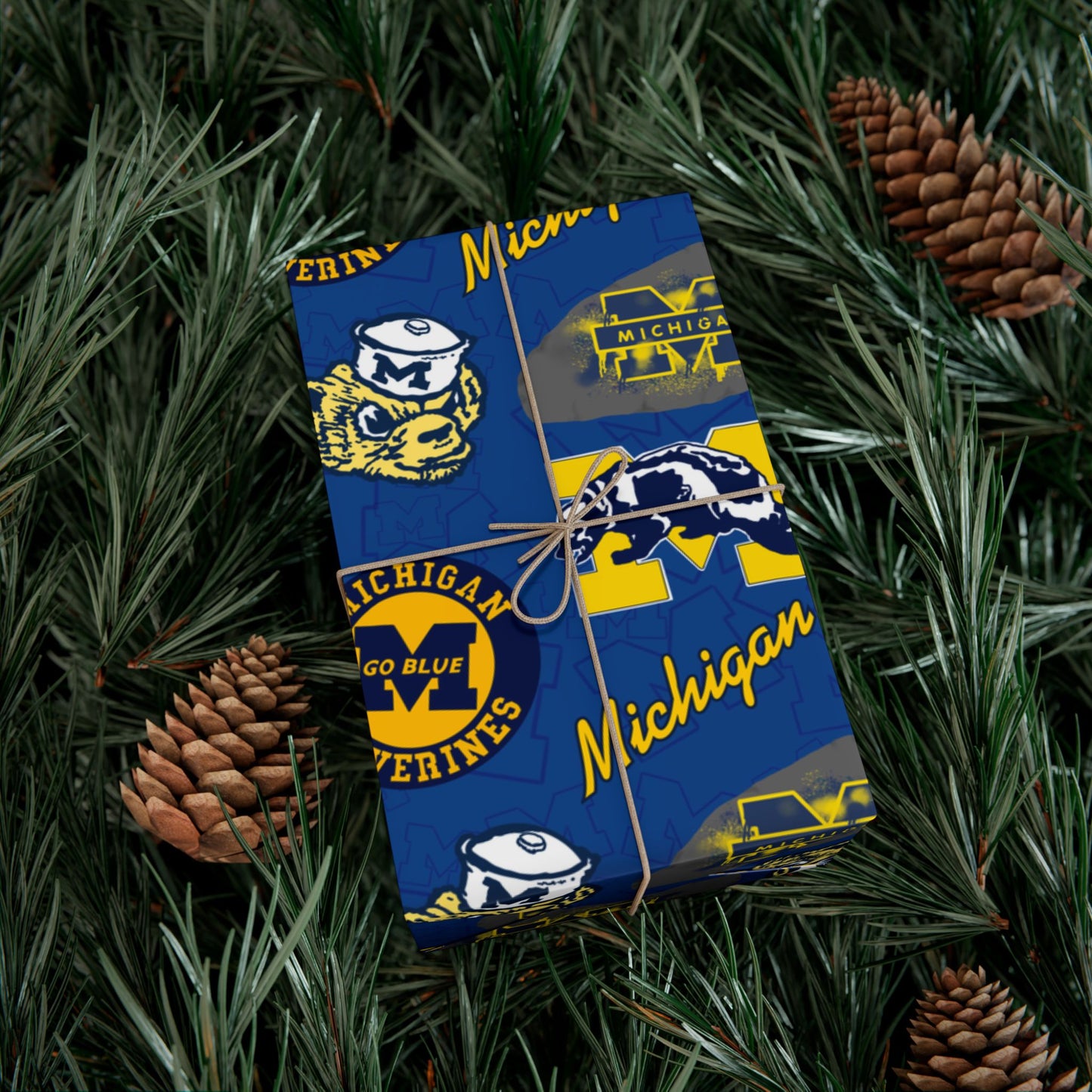 Michigan Wolverines Gift Wrap Paper – Blue & Maize Collegiate Pattern (Text: "Michigan")