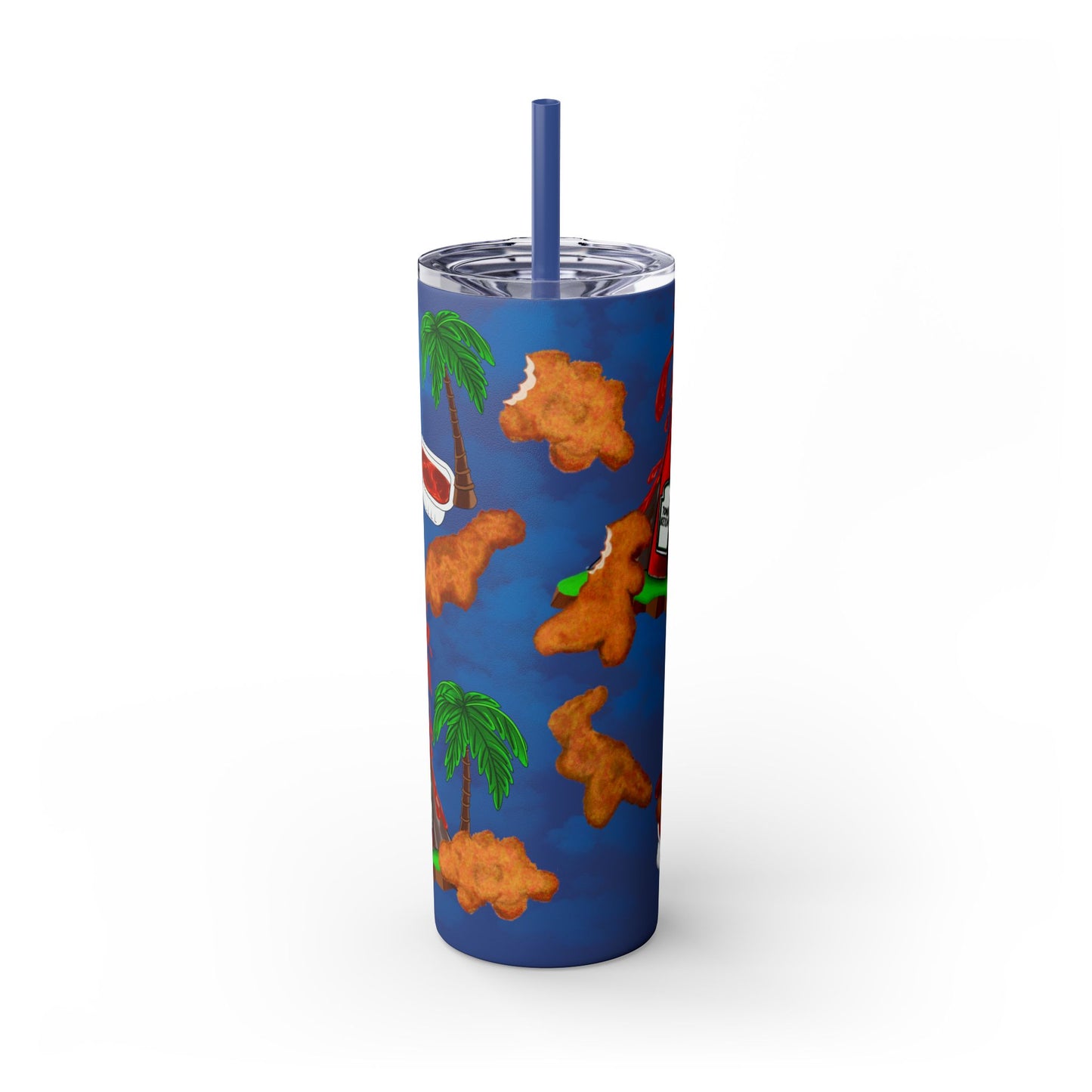 Dino Nuggets Tropical Themed Skinny Tumbler with Straw, 20oz | Fun Vacation Drinkware, Summer, Hawaiian Party, Gift for Beach Lovers