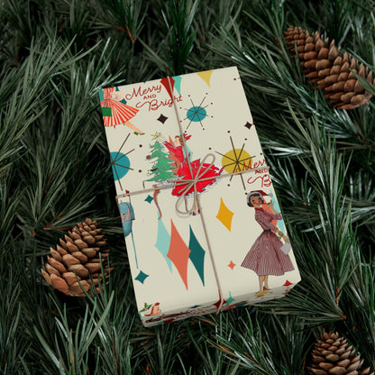 Mid-Century Holiday Gift Wrap Paper – Retro Christmas Dancers & “Merry and Bright” Pattern