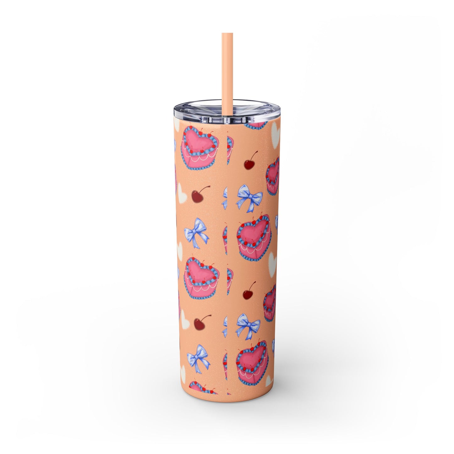 Heart Cake Skinny Tumbler, 20oz | Cute Hearts & Bows Drinkware | Gift for Her, Love Mug, Floral Tumbler, Sweetheart Tumbler