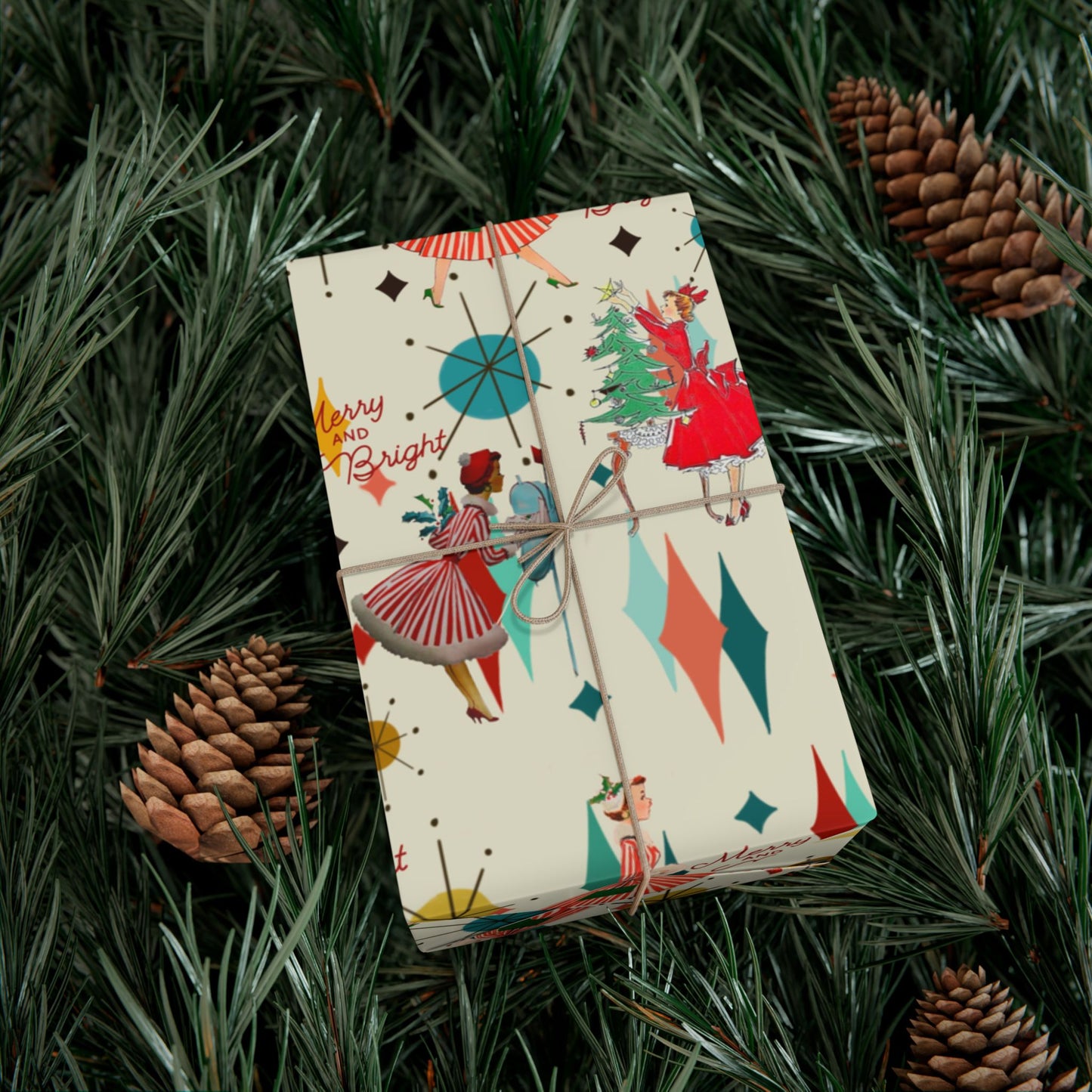 Mid-Century Holiday Gift Wrap Paper – Retro Christmas Dancers & “Merry and Bright” Pattern
