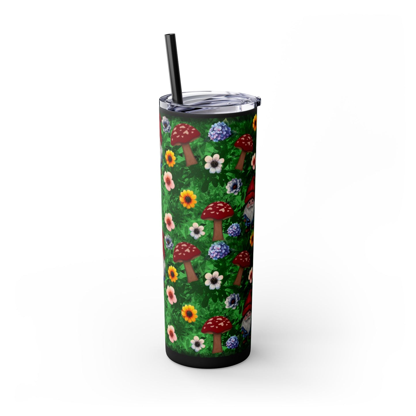 Whimsical Gnome Skinny Tumbler with Straw, Perfect for Garden Lovers, Cute Gift for Birthdays, Summer Drinks, Floral Design